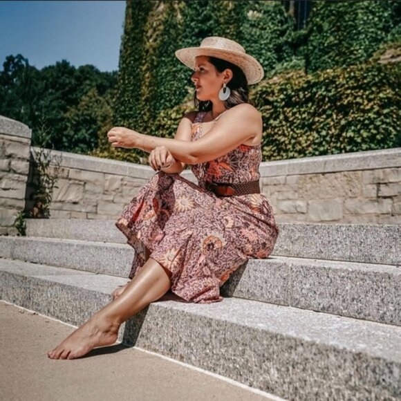 💕MADEWELL💕 Lace-Up Ruffle-Hem Midi Dress ~ Bali Blooms Print 10 (Regular Fit) - Picture 3 of 16